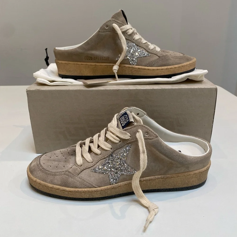 Golden Goose Ball Star Sabot Sneaker Taupe Suede/Silver Glitter sz 37 New in Box - Picture 3 of 11
